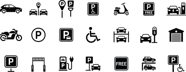 Comprehensive collection of parking icons for cars, motorcycles, disabled spots, and ev charging stations