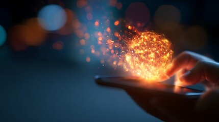 Hand Touching Smartphone with Glowing Fiery Digital Sphere