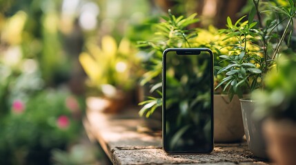 Smartphone on Rustic Wooden Surface with Sunlit Garden Background