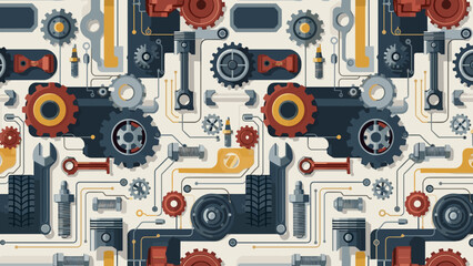 Seamless pattern of mechanical parts, gears, pistons, and tools in a vintage industrial style