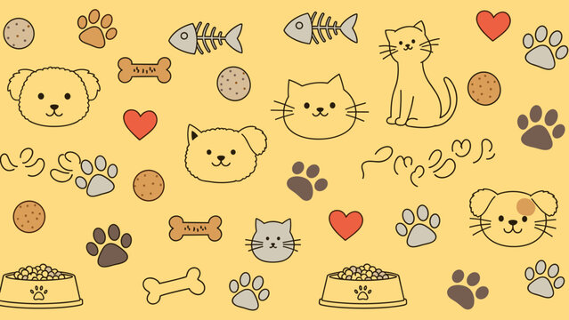 Cute seamless pattern with cartoon cats, dogs, bones, fish skeletons, paw prints, and food bowls on yellow background