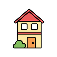 Two story house with red roof and small green bush in front of it.