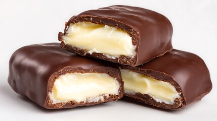Three Chocolate-Covered Candy Bars with Creamy Filling Close-Up