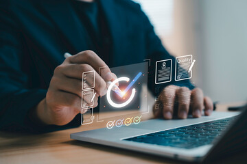 Person reviewing digital documents with approval check mark representing verification quality control compliance and document approval showing the concept of professional review and trusted validation