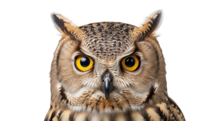 Close-up front view of an owl's head with bright yellow eyes and prominent ear tufts isolated PNG with Transparent Background