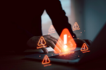 Computer screen showing glowing system error alerts for caution cybersecurity risk protection and system failure highlighting the importance of data safety digital security and technical monitoring