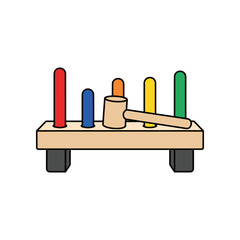 Wooden toy hammer bench with colorful pegs for kids to play.