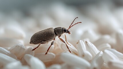 Shiny Brown Beetle on White Rice Grains Close-Up Macro