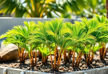 Miniature coconut palms in vibrant green, thriving in a sunny location,  botany,   beach
