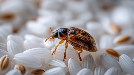 Shiny Brown Beetle on White Rice Grains Close-Up Macro