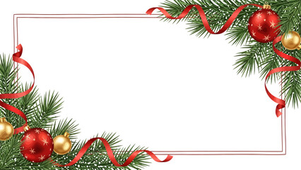Elegant holiday frame design featuring vibrant red ribbons and sparkling gold and red Christmas ornaments framing empty space