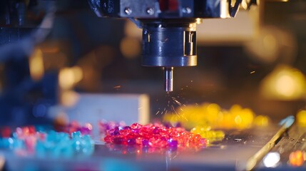 Modern plastic molding machine processes colorful resin creating vibrant industrial manufacturing innovation