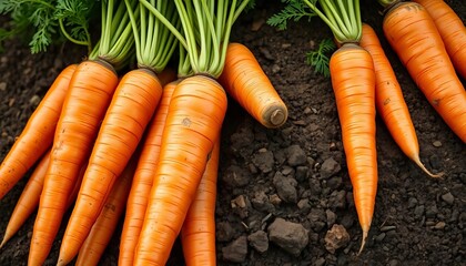 Fresh orange carrots with vibrant green tops, earthy soil visible, nutrition, vegetables