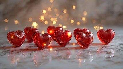 Nine Glossy Red Heart-Shaped Objects on Marble Surface
