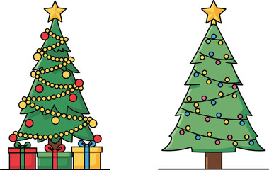Detailed cartoon vector illustration featuring two distinct Christmas trees fully decorated with lights, colorful ornaments, golden garlands, and wrapped gift boxes at the base.