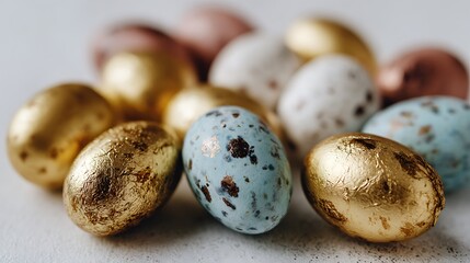 Decorative Metallic and Speckled Eggs on Light Surface