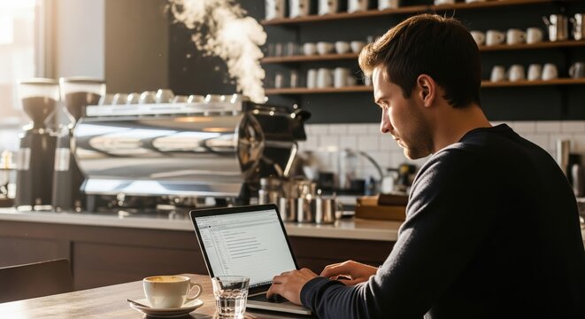 Young Man Working on Laptop in Cozy Cafe with Coffee and Espresso Machine in Background