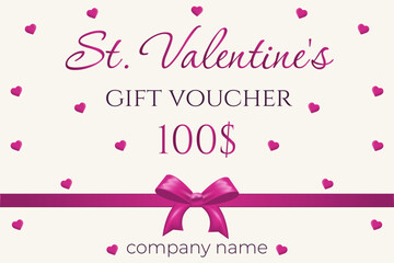 Valentine's Day Gift voucher, $100, Pink Hearts and Bow