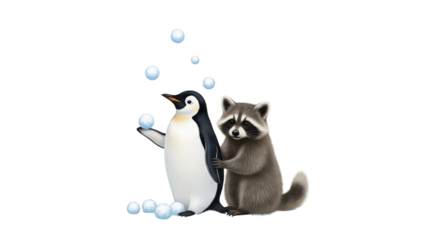 Cute Penguin and Raccoon Playing with Snowballs Isolated Illustration isolated PNG with Transparent Background