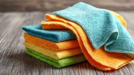 A vibrant stack of cleaning cloths in shades of blue orange green and yellow rests on a wooden table.