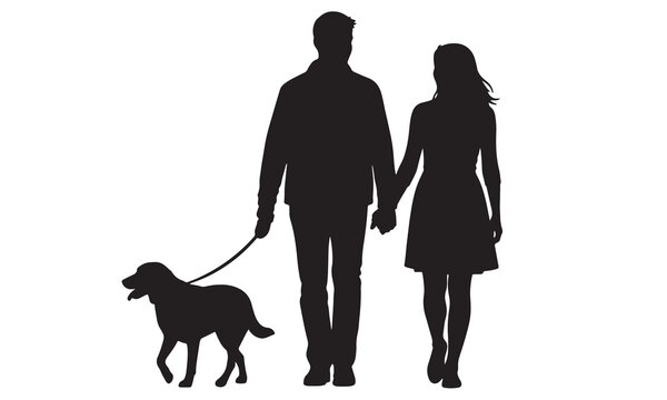 Couple walking dog on leash silhouette isolated on white background
