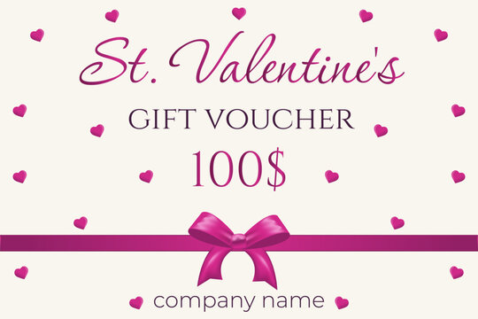 Valentine's Day Gift voucher, $100, Pink Hearts and Bow