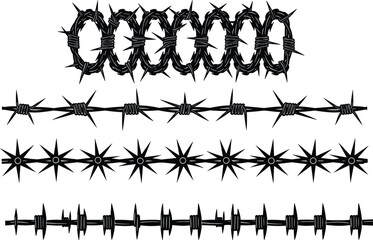 Barbed wire silhouette collection with five distinct designs, ideal for fencing, security, or industrial vector illustration content
