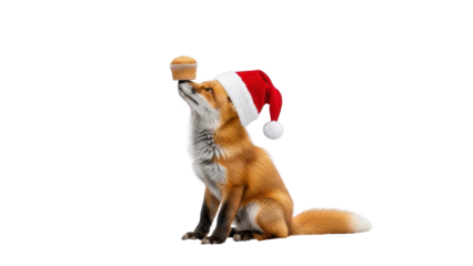 Funny Red Fox Wearing Santa Hat Balancing Small Cupcake on Nose isolated PNG with Transparent Background