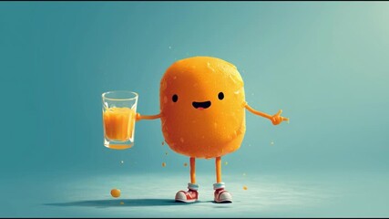 Cheerful Citrus Character: A lively, anthropomorphic orange character, brimming with zest, gleefully presents a refreshing glass of juice, inviting viewers to savor the citrusy delight.