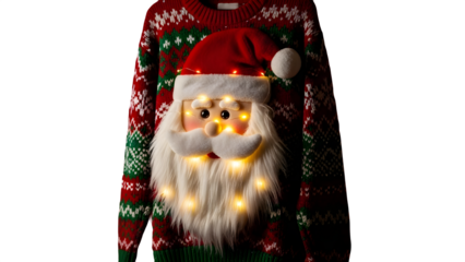 Stunning light up Santa face ugly Christmas sweater featuring festive Nordic patterns against a dark background