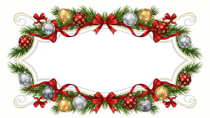 Stunning festive border frame adorned with vibrant red ribbons pine boughs and elegant gold silver Christmas ornaments