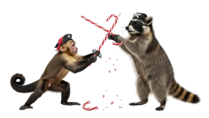 Funny Pirate Monkey and Raccoon Dueling with Candy Canes isolated PNG with Transparent Background