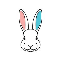 Cartoon Rabbit Head with Pink and Blue Ears Illustration.
