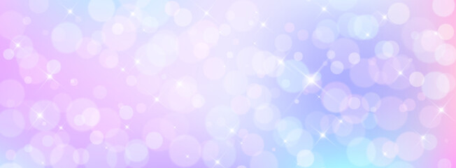 Obraz premium Unicorn magical bokeh background with pastel rainbow gradient and sparkling stars for fantasy design. Soft pink, purple and blue colors with glowing light effects. Dreamy fairy tale atmosphere.
