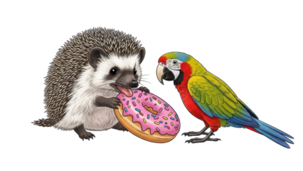 Cute Hedgehog Eating Pink Donut with Sprinkles and Colorful Parrot Illustration isolated PNG with Transparent Background