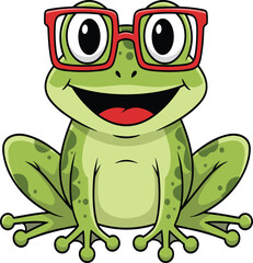 Cartoon frog character with red glasses, cheerful smile, green spots, sitting pose, fun animal illustration for kids, humor, education