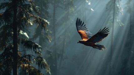 Fototapeta premium Majestic bird of prey soars through sunlit forest canopy with dramatic lighting