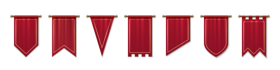Red medieval pennant set with golden borders and poles for royal or tournament decoration. Crimson banners, triangular shields, pointed flags and various cuts for castle events or historical themes. © klyaksun