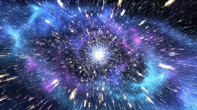 Seamless loop visualization of subatomic particles forming a glowing quantum energy field in dynamic blue and purple hues movement, conceptual, research