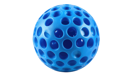 Blue perforated plastic sphere with many circular openings, casting shadows, isolated on a black background