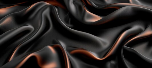 Fototapeta premium Black Satin Fabric with Orange Reflections and Smooth Waves