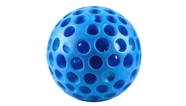 Blue perforated plastic sphere with many circular openings, casting shadows, isolated on a black background - Powered by Adobe