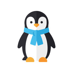 Cute penguin wearing a blue scarf stands upright looking forward.