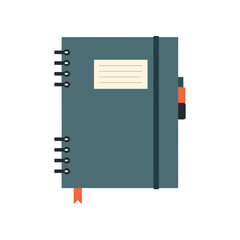 Dark blue spiral notebook with an elastic band and a pen holder.