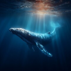 Fototapeta premium Blue whale swimming through shafts of sunlight in deep ocean, majestic marine mammal, serene underwater scene, peaceful ocean environment, and dramatic aquatic light rays