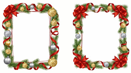 Stunning pair of festive Christmas borders featuring elegant red ribbons and shimmering gold silver ornaments framing white space