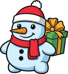 Cartoon snowman with Santa hat vector illustration, holding gift box, festive holiday character design on white background