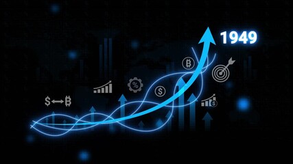 Digital financial growth chart with upward arrow and year 1949 against dark abstract background finance
