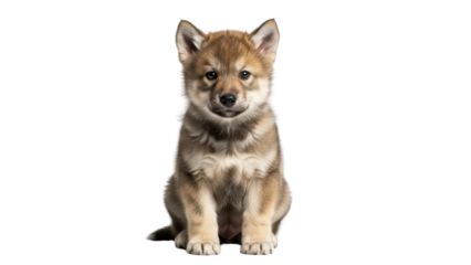 Cute brown and tan puppy sitting calmly and looking directly at camera isolated PNG with Transparent Background