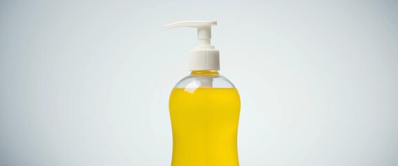 Bottle of bright yellow liquid soap, dispensing pump, bathroom,   product